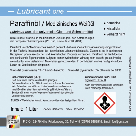 Lubricant ONE, Paraffinöl, Ph.Eur., mittelviskos (2x 1 Liter)